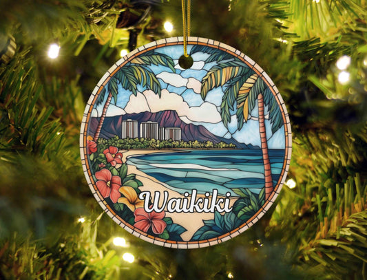 Waikiki Beach Hawaii Illustrated Stained Glass Ornament