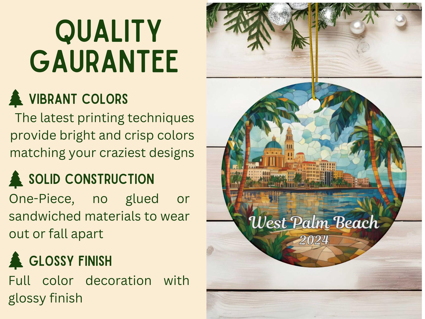 West Palm Beach Florida Stained Glass Style Christmas Ornament