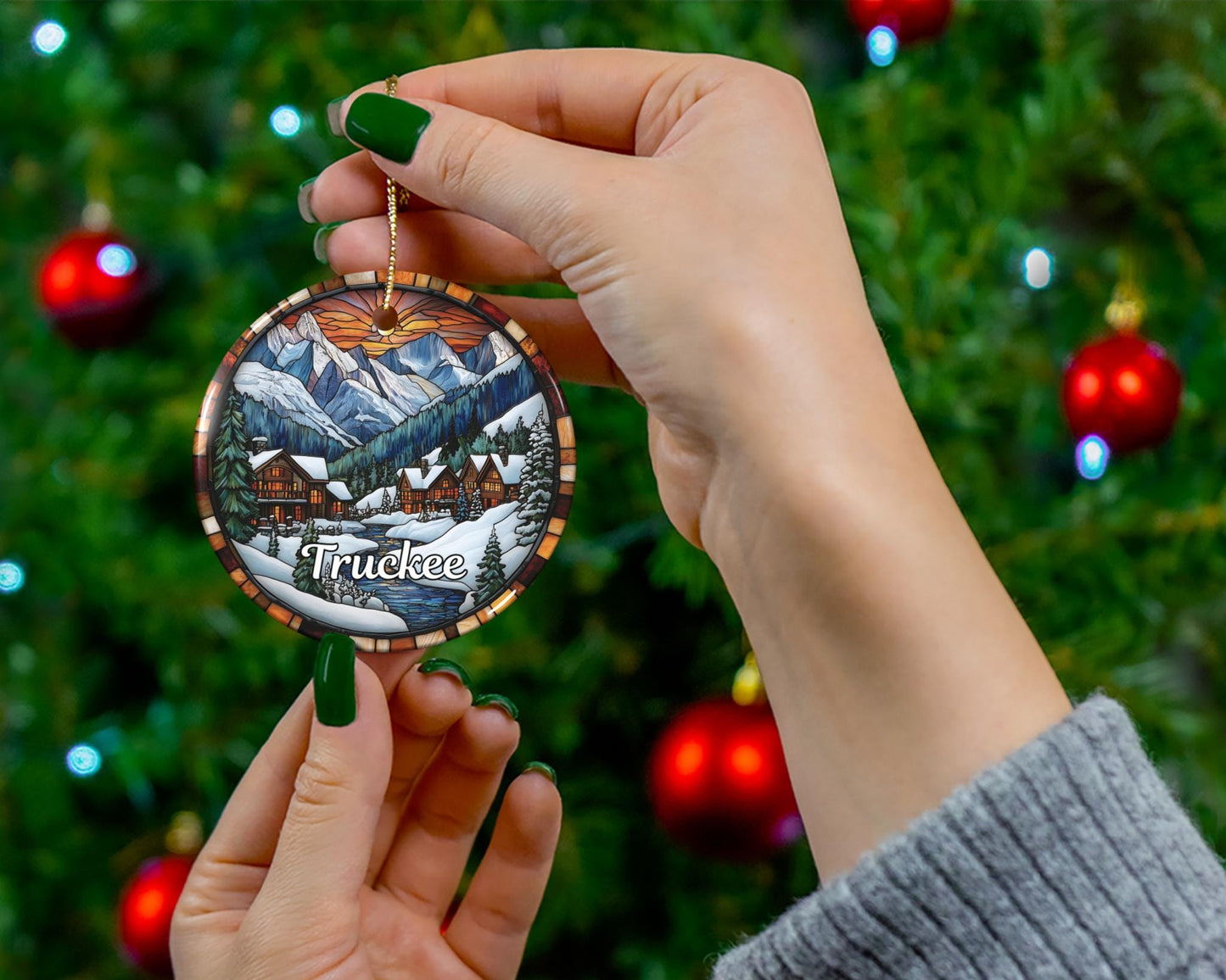 Truckee California Stained Glass Style Christmas Ornament