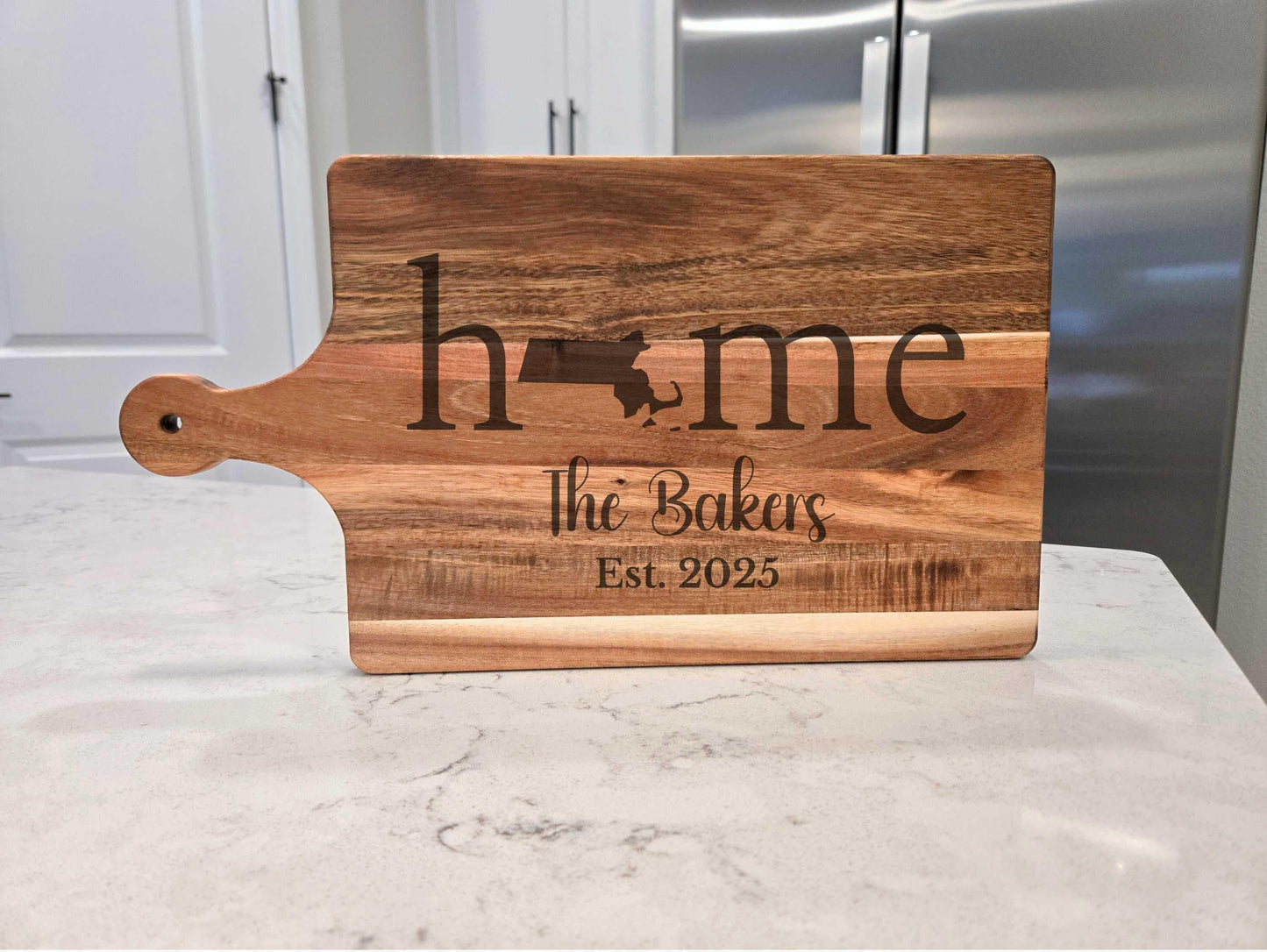 Engraved Massachusetts Acacia Cutting Board