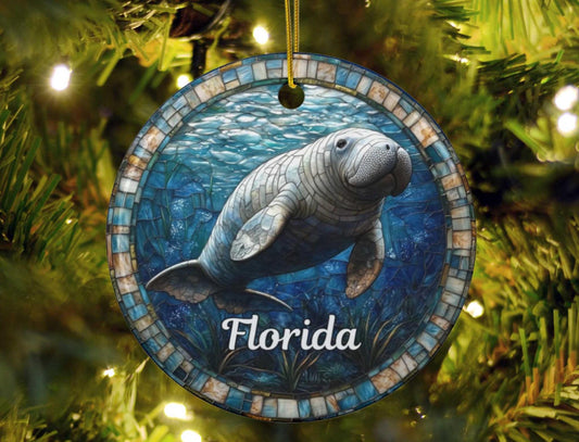 Florida Manatee Faux Stained Glass Ornament
