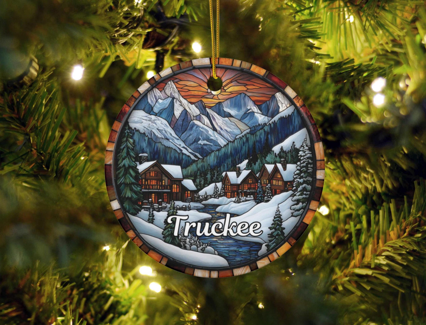 Truckee California Stained Glass Style Christmas Ornament