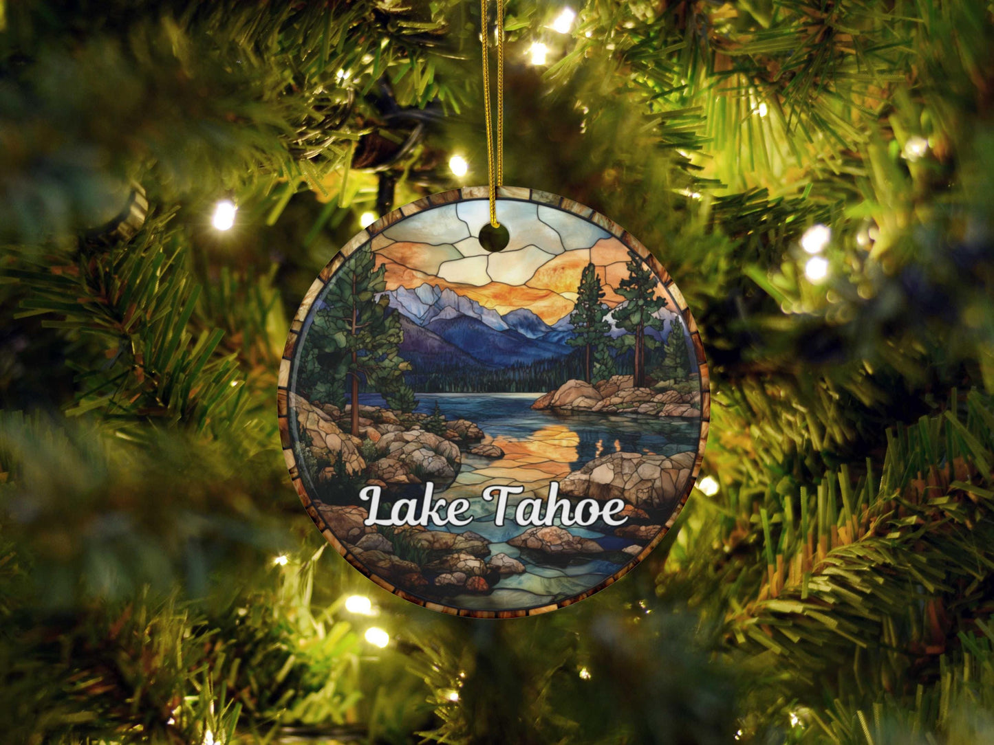 Lake Tahoe Stained Glass Style Ornament