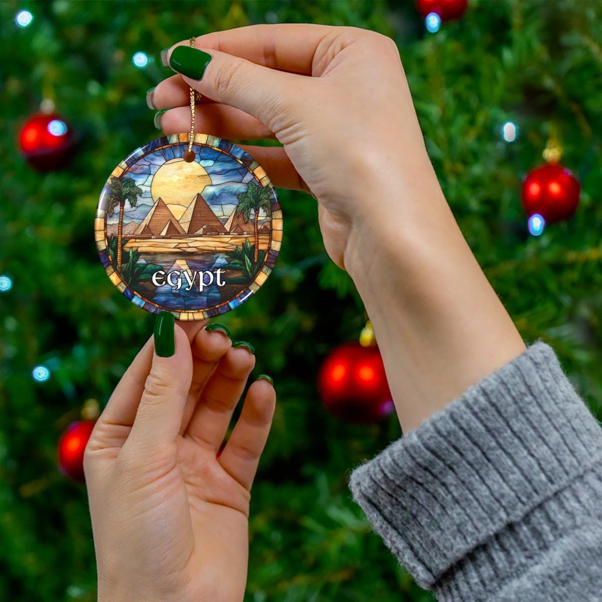 Pyramids of Giza Egypt Stained Glass Style Christmas Ornament