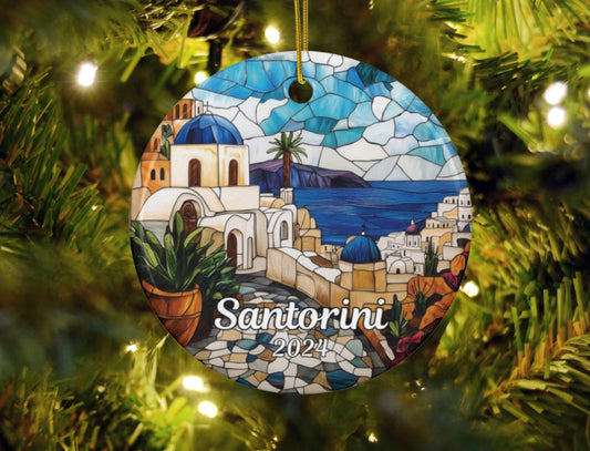 Santorini Greece Faux Stained Glass Style Ornament