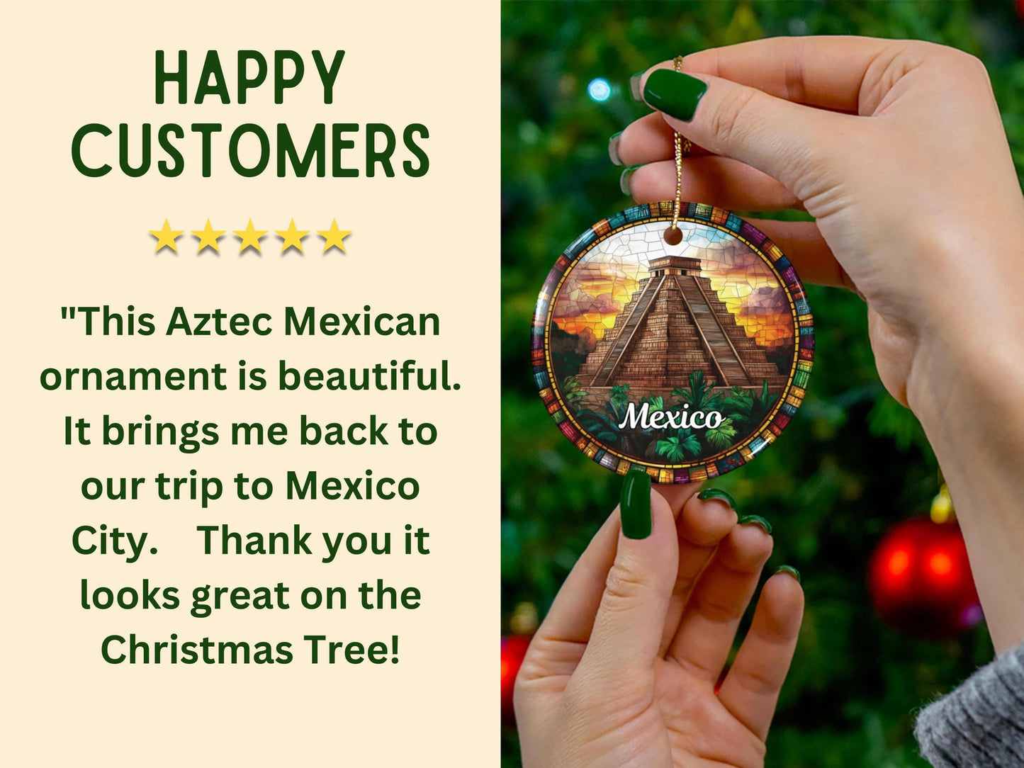 Mexico Aztec Pyramid Stained Glass Style Ornament