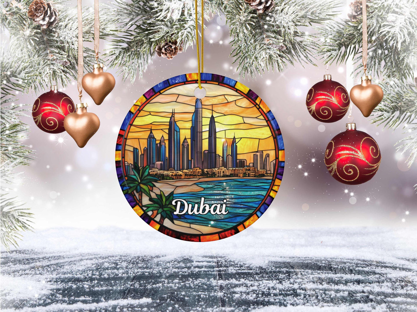 Dubai Skyline Stained Glass Style Ornament