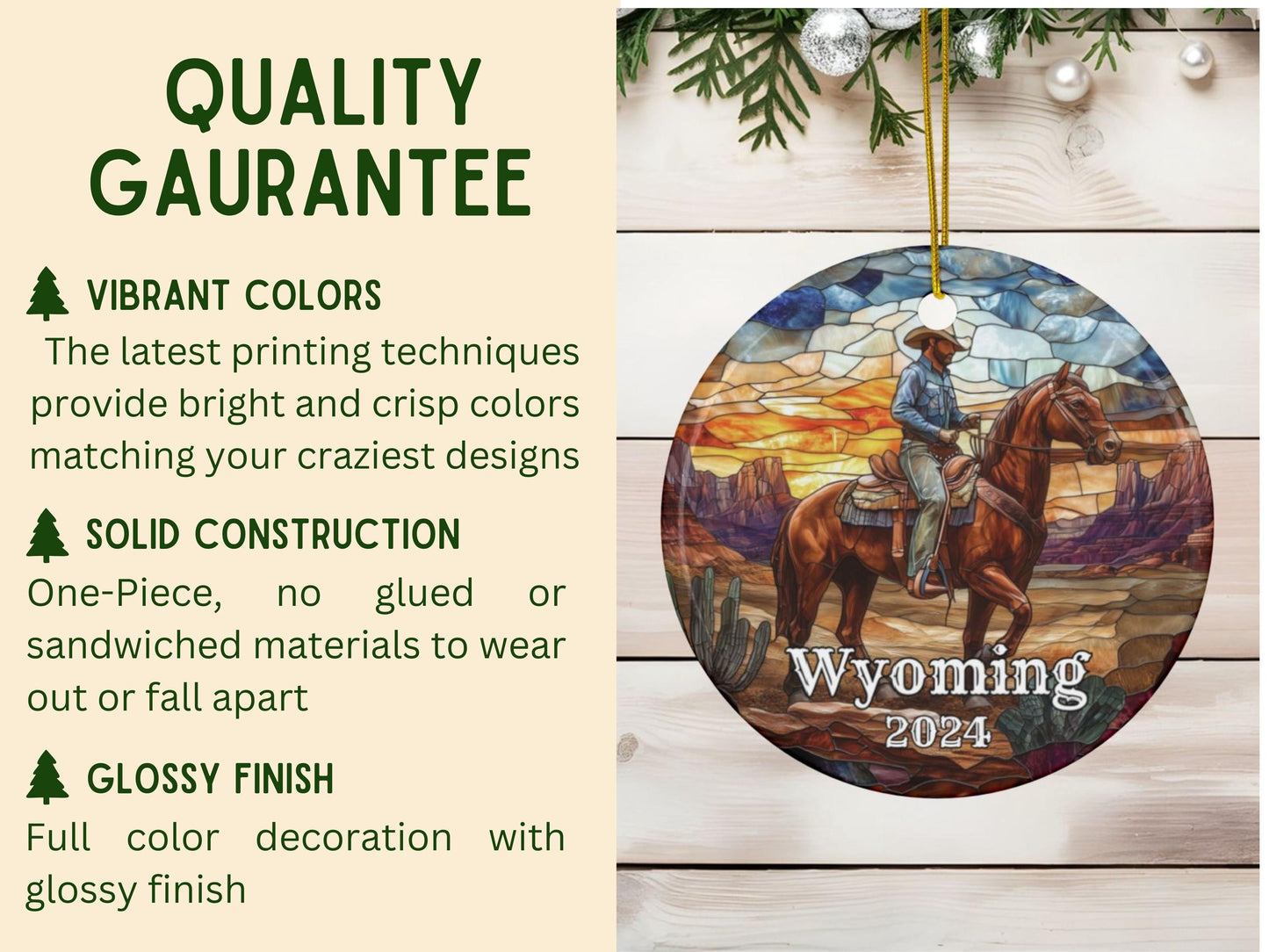 Wyoming Cowboy Stained Glass Style Christmas Ornament