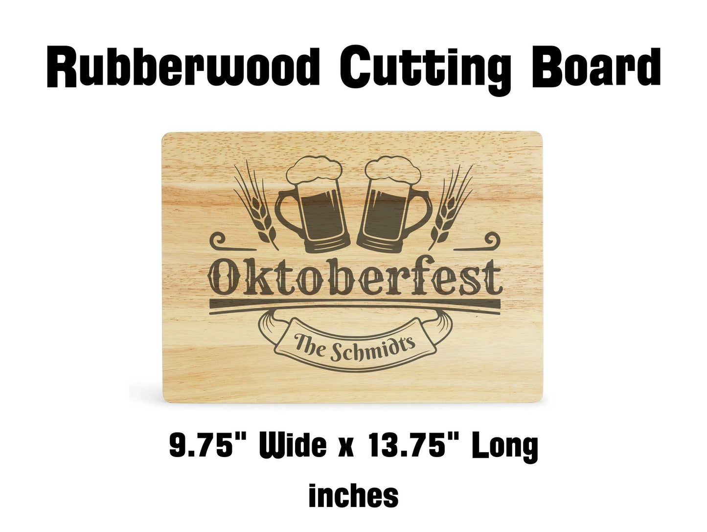 Wooden cutting board with 'Oktoberfest' engraving and dimensions on a white background