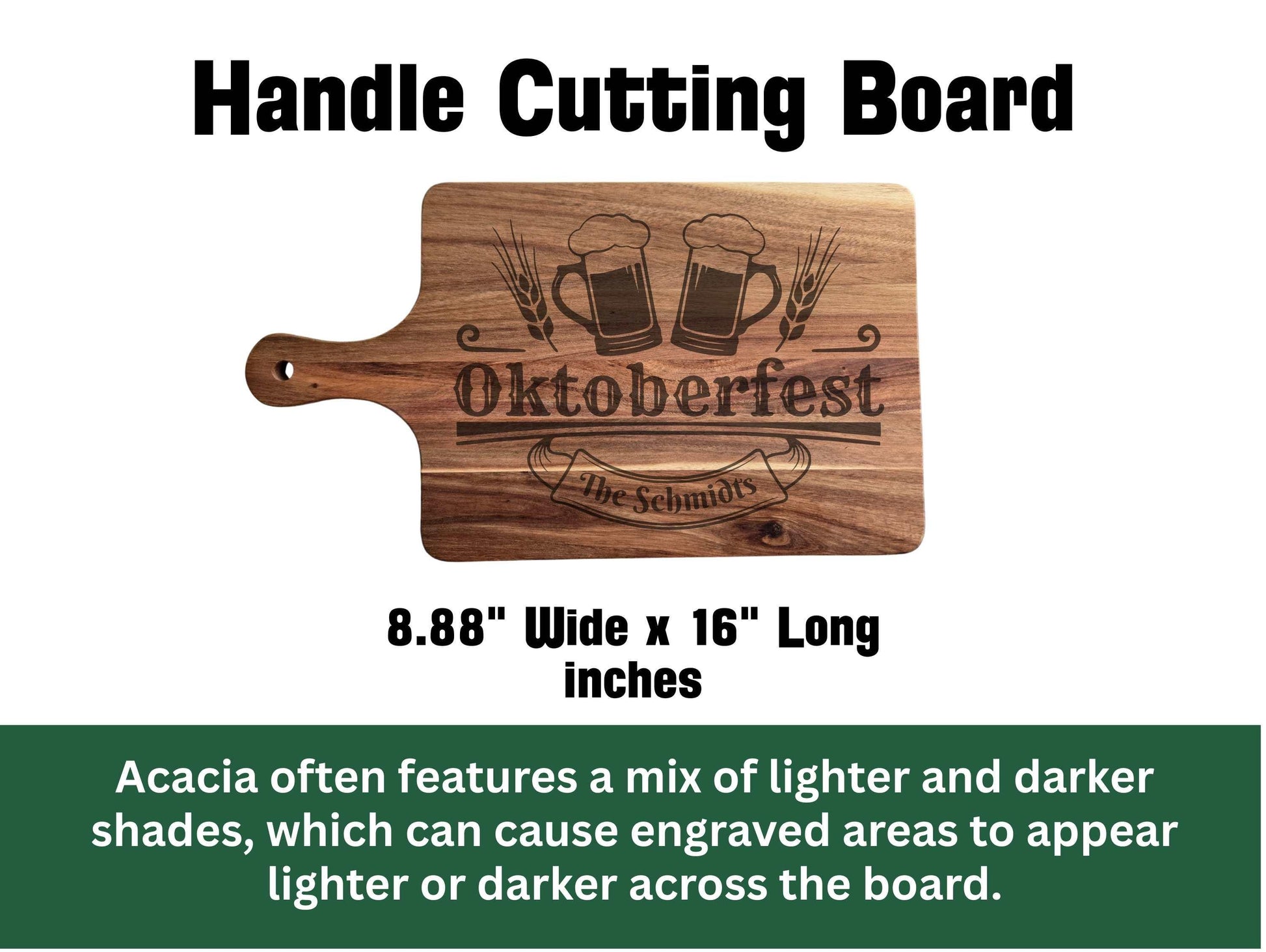 Wooden cutting board with 'Oktoberfest' engraving and handle, dimensions listed.