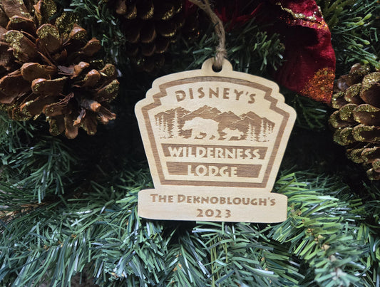 Wilderness Lodge Resort Personalized Wood Ornament