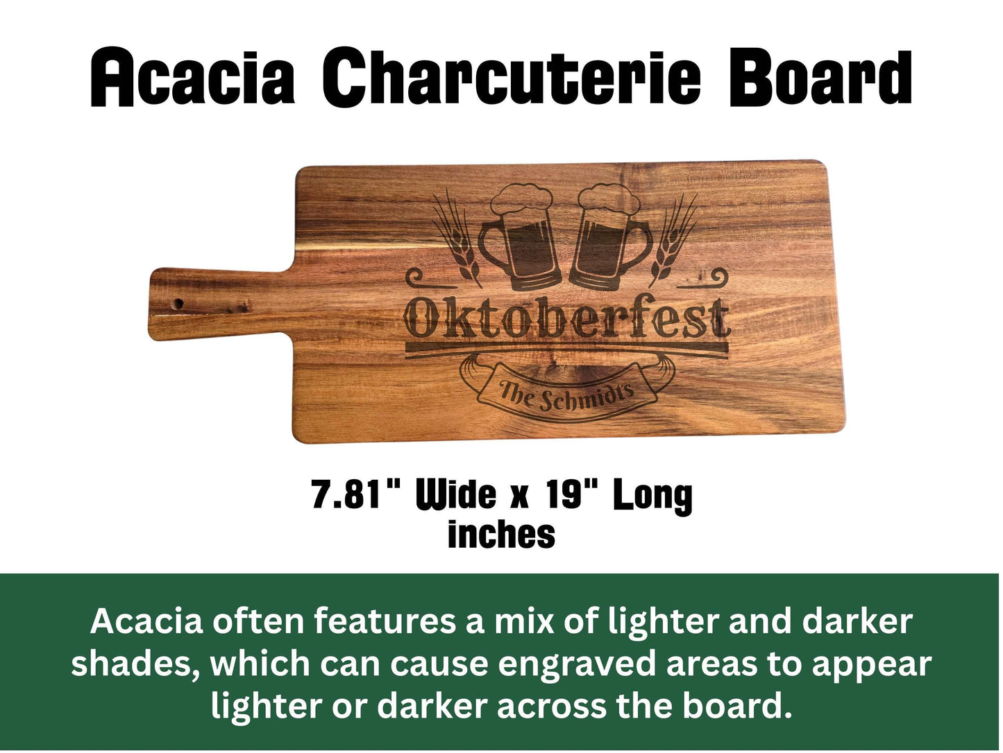 Wooden charcuterie board with 'Oktoberfest' engraving on a white background