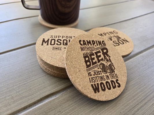 Funny Camping Coasters - Set of 4 Cork Drink Coasters