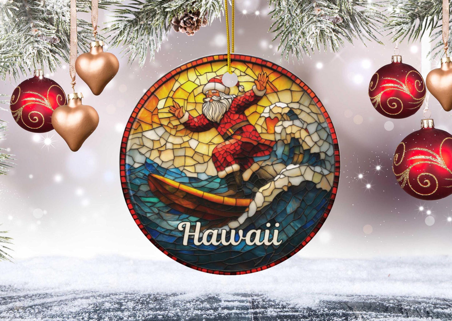 Hawaii Surfing Santa Ceramic Ornament