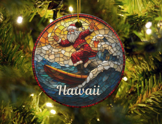Hawaii Surfing Santa Ceramic Ornament