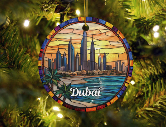 Dubai Skyline Stained Glass Style Ornament