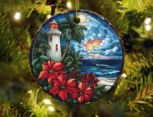 Lighthouse Faux Stained Glass Christmas Ornament