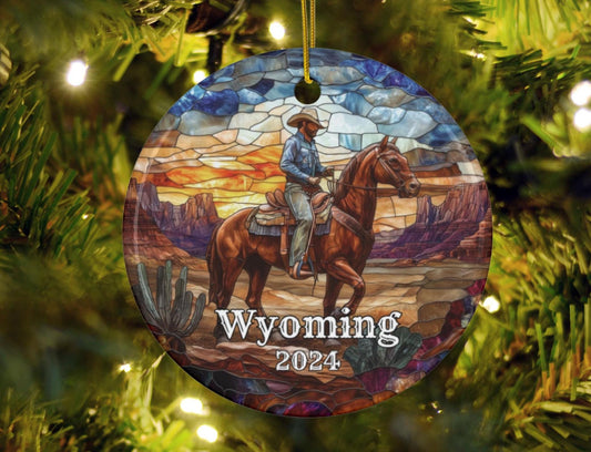 Wyoming Cowboy Stained Glass Style Christmas Ornament