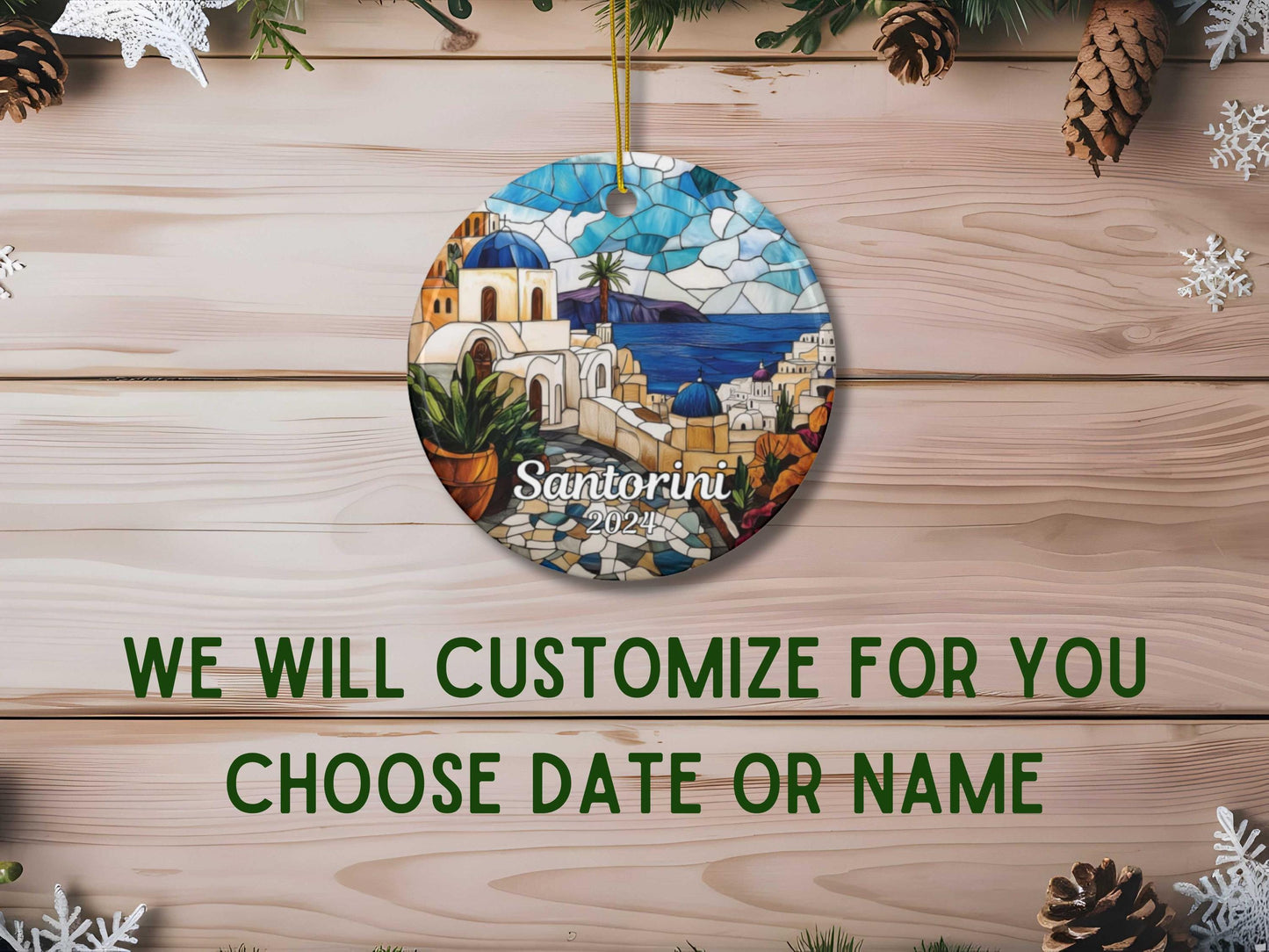 Santorini Greece Faux Stained Glass Style Ornament