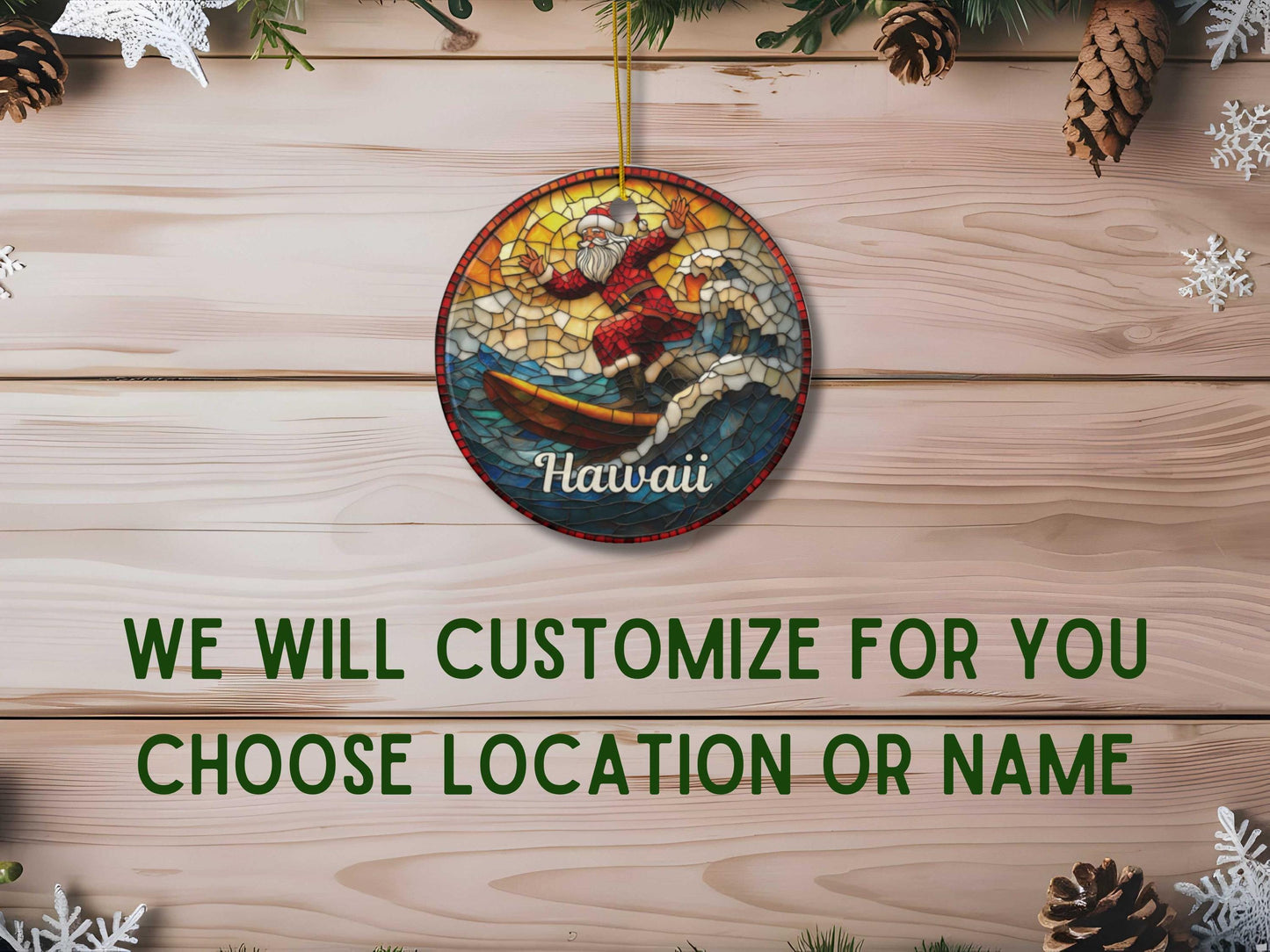 Hawaii Surfing Santa Ceramic Ornament