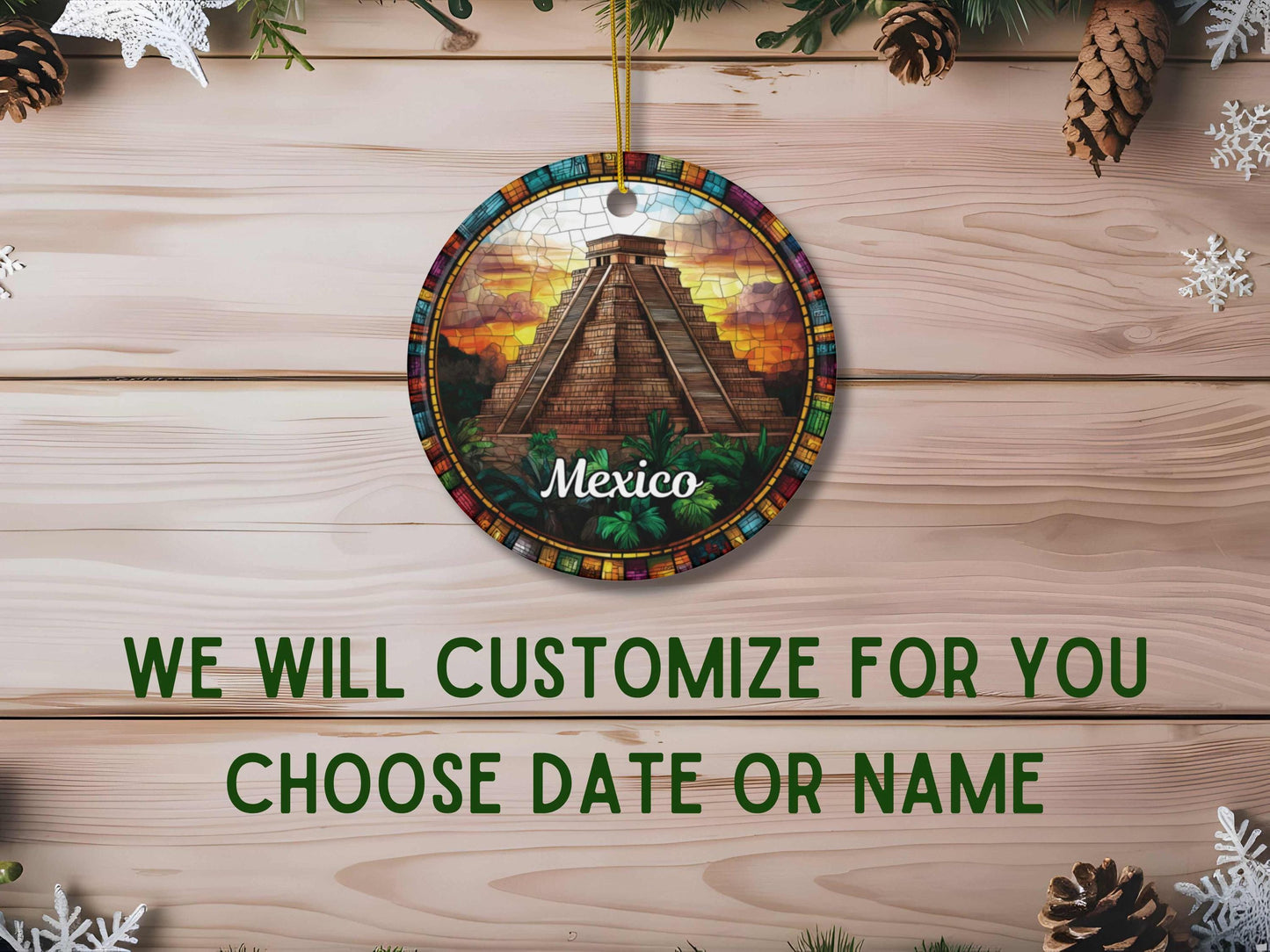 Mexico Aztec Pyramid Stained Glass Style Ornament
