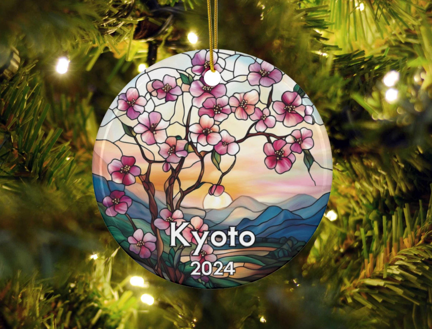 Kyoto Japan Cherry Blossom Faux Stained Glass Style Ornament