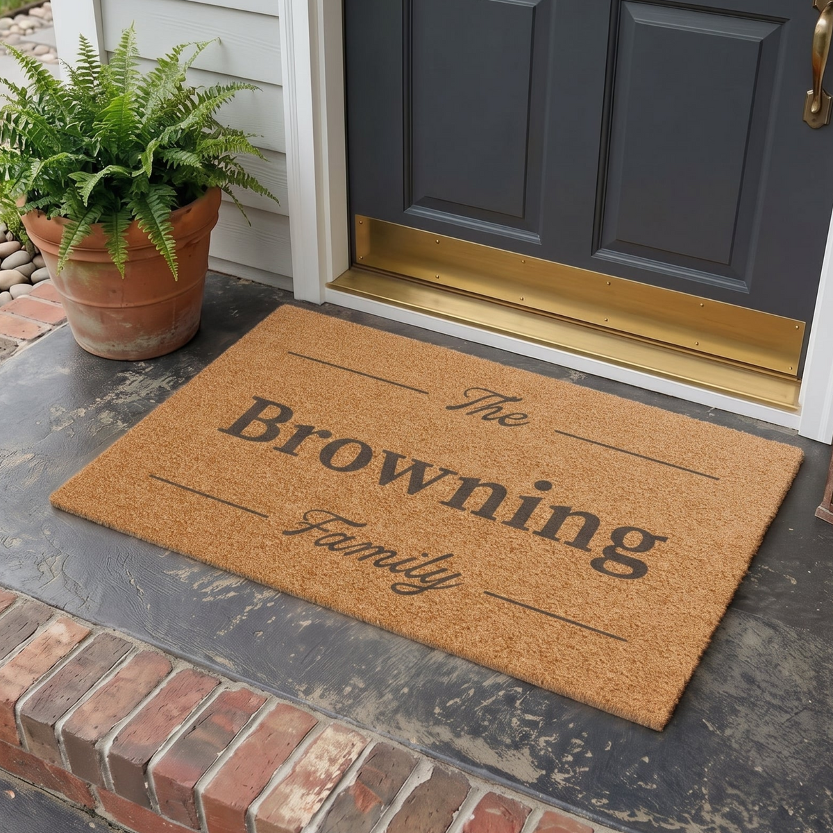 A personalized coir doormat reading 'The Browning Family' in dark brown lettering, placed on a dark gray concrete porch step in front of a dark gray front door with a gold threshold and a potted fern to the left.