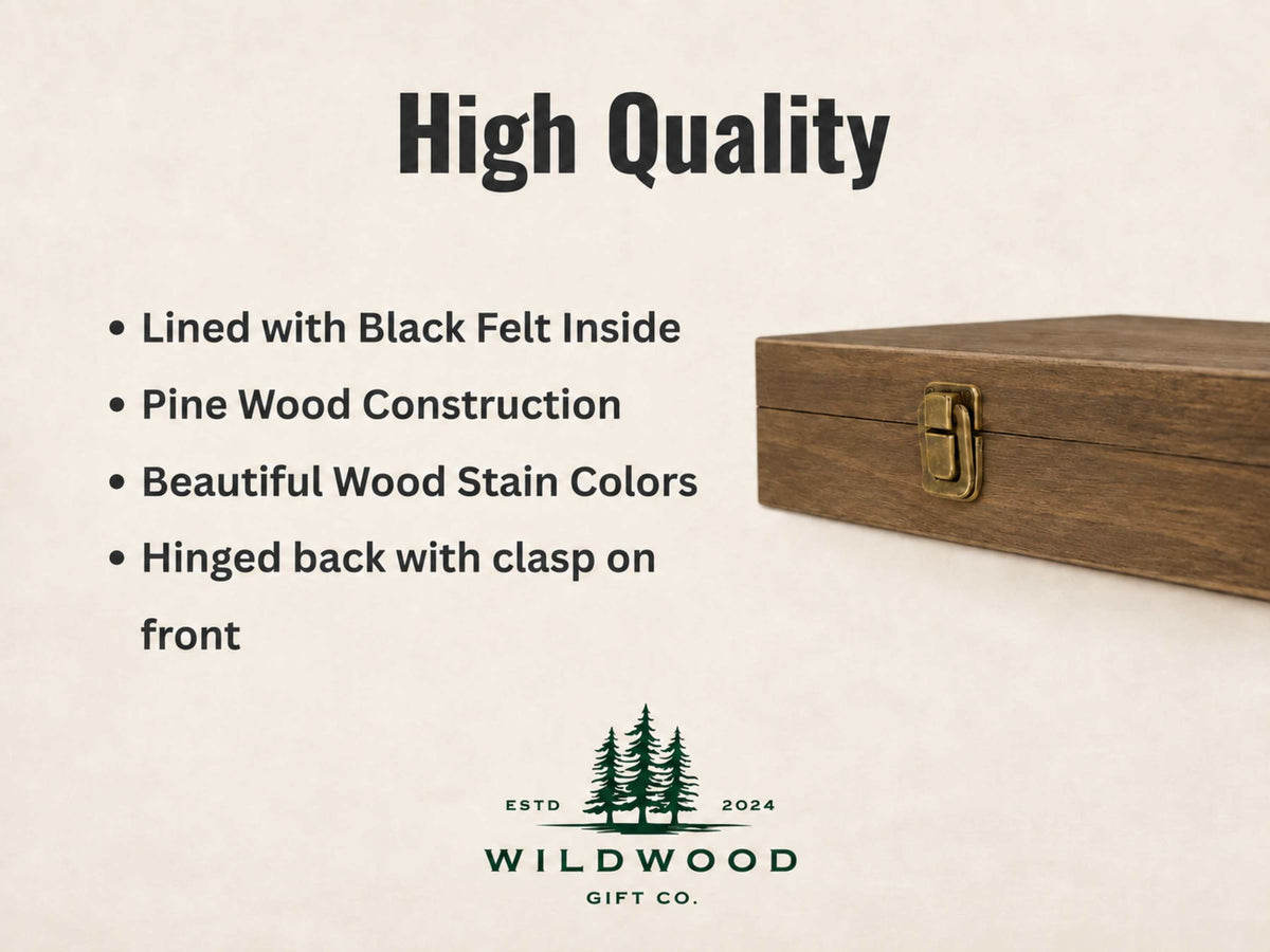 A pine wood gift box with a brass clasp, shown on a light beige background with descriptive text highlighting its black felt lining, wood construction, stain colors, and hinged back design. The Wildwood Gift Co.