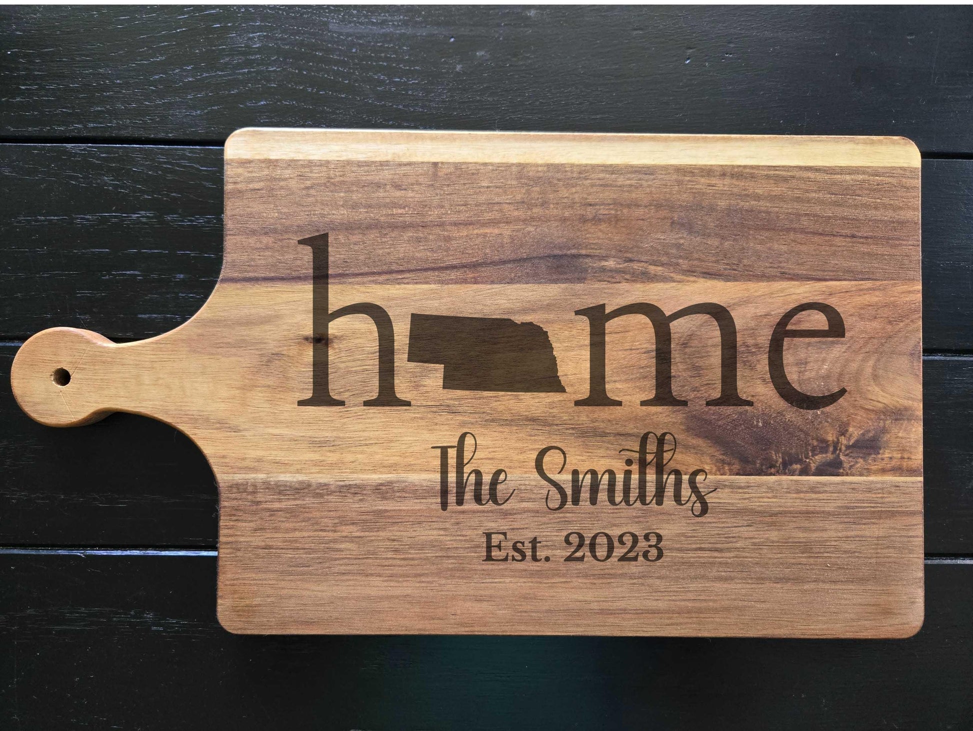 Engraved Nebraska State Handle Cutting Board