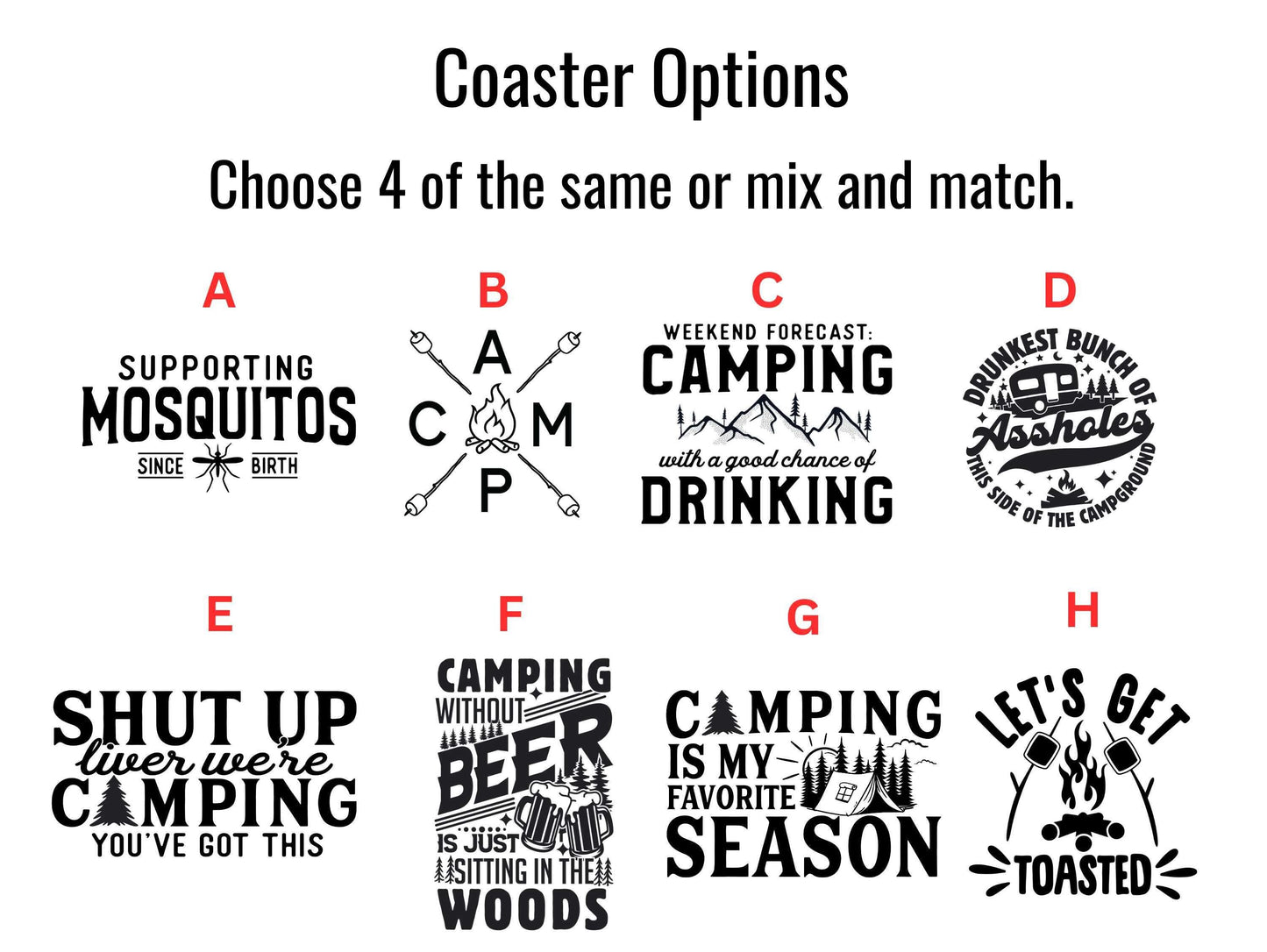 Funny Camping Coasters - Set of 4 Cork Drink Coasters