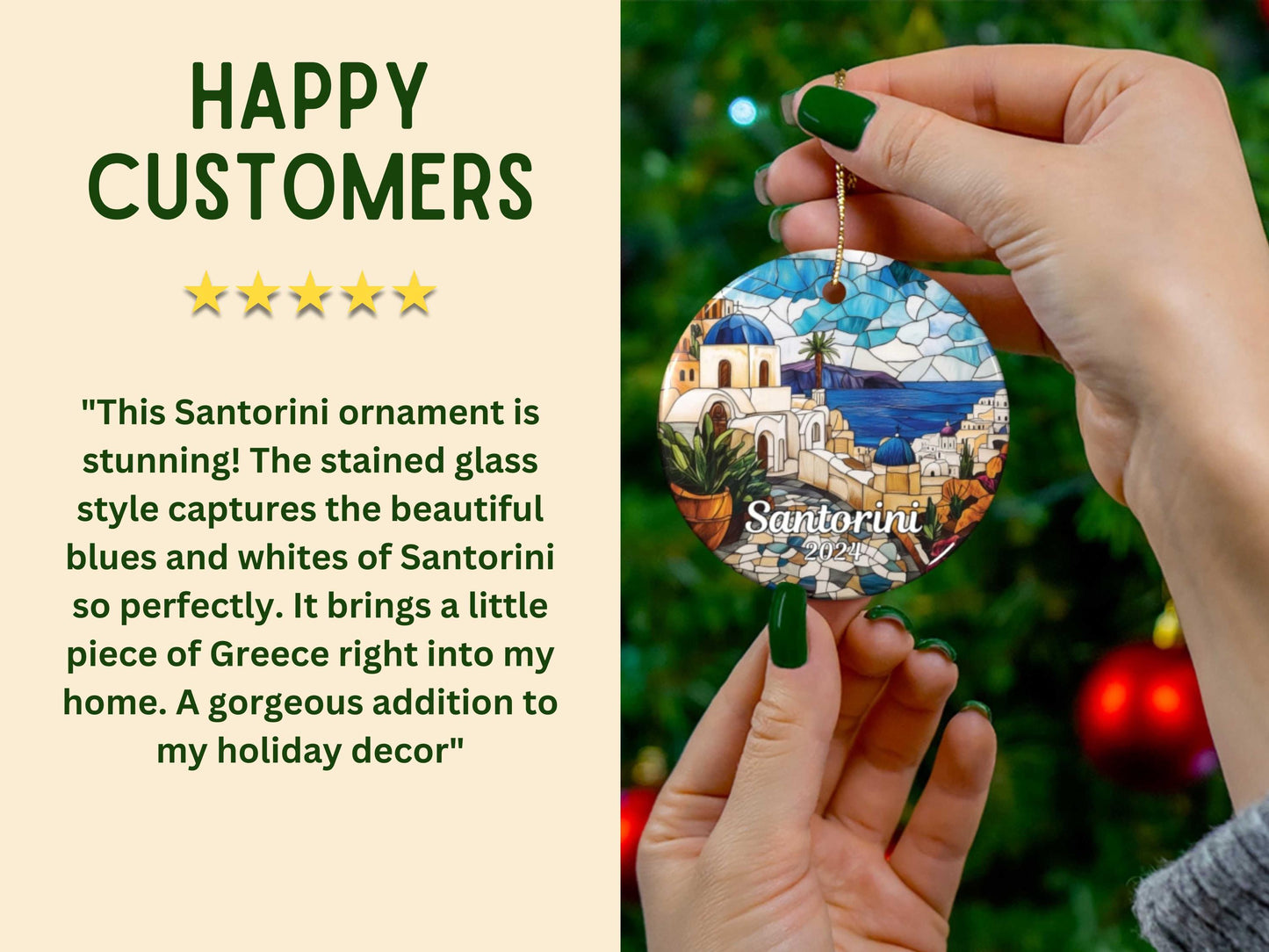 Santorini Greece Faux Stained Glass Style Ornament