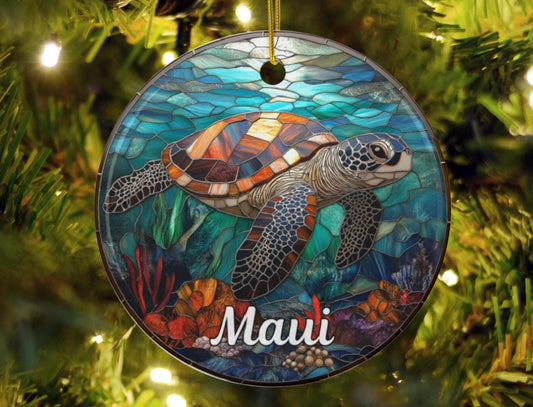 Hawaiian Sea Turtle Faux Stained Glass Ornament