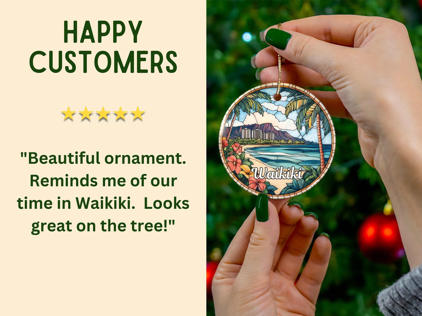 Waikiki Beach Hawaii Illustrated Stained Glass Ornament