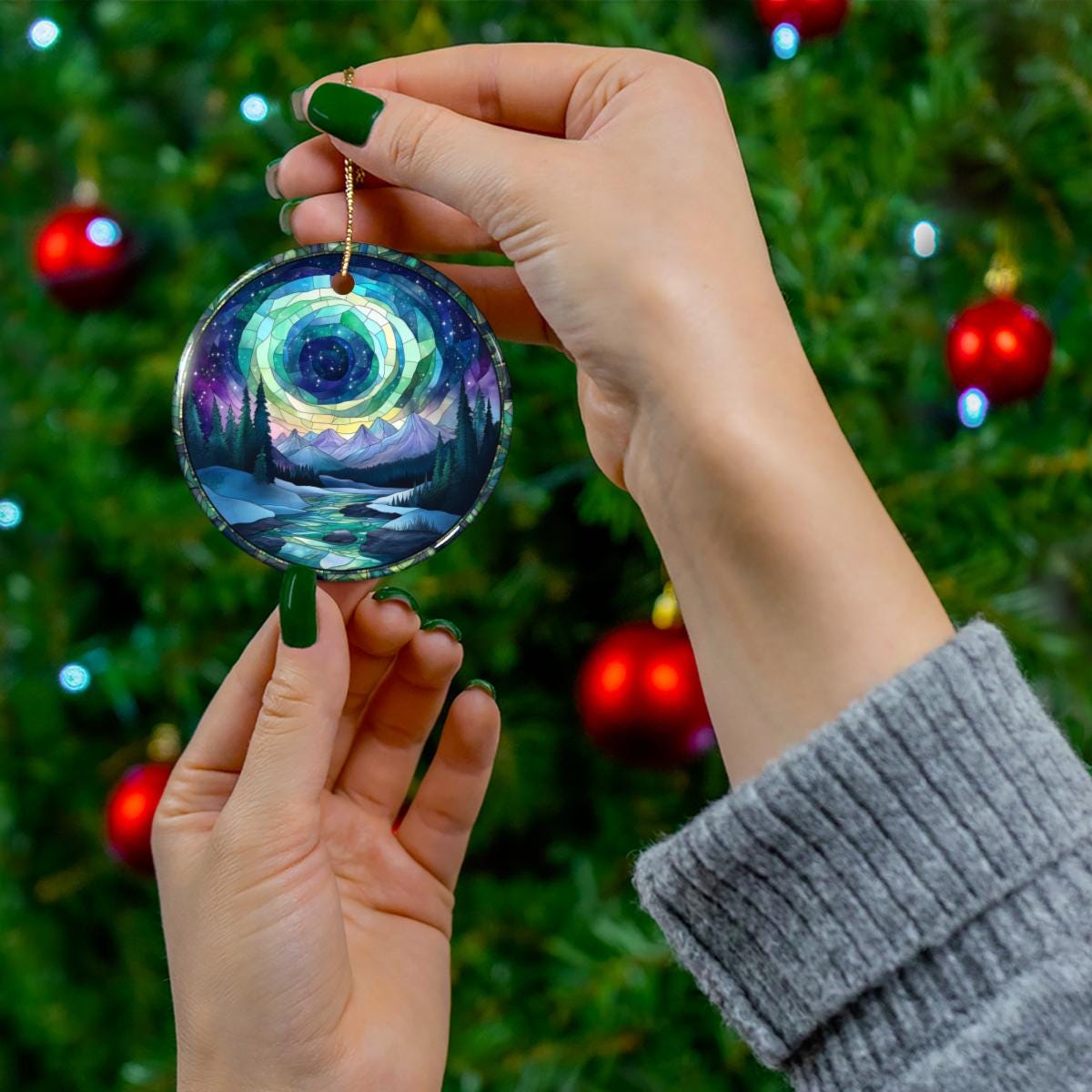 Northern Lights Stained Glass Style Christmas Ornament