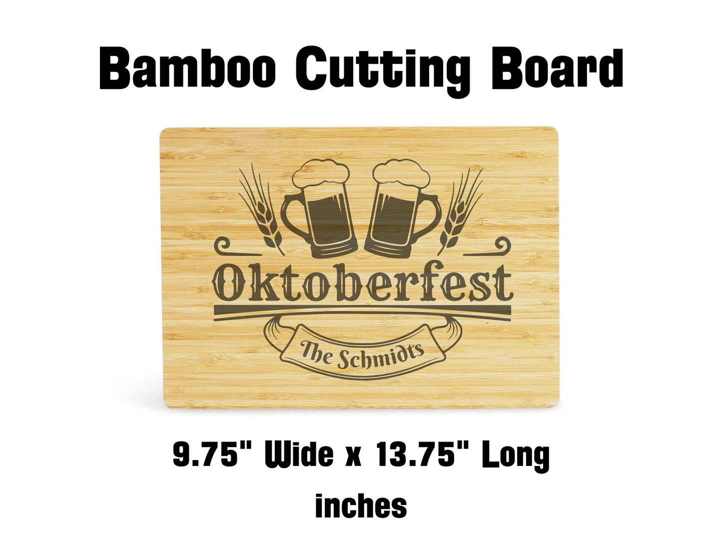 Bamboo cutting board with Oktoberfest design and engraving on a white background