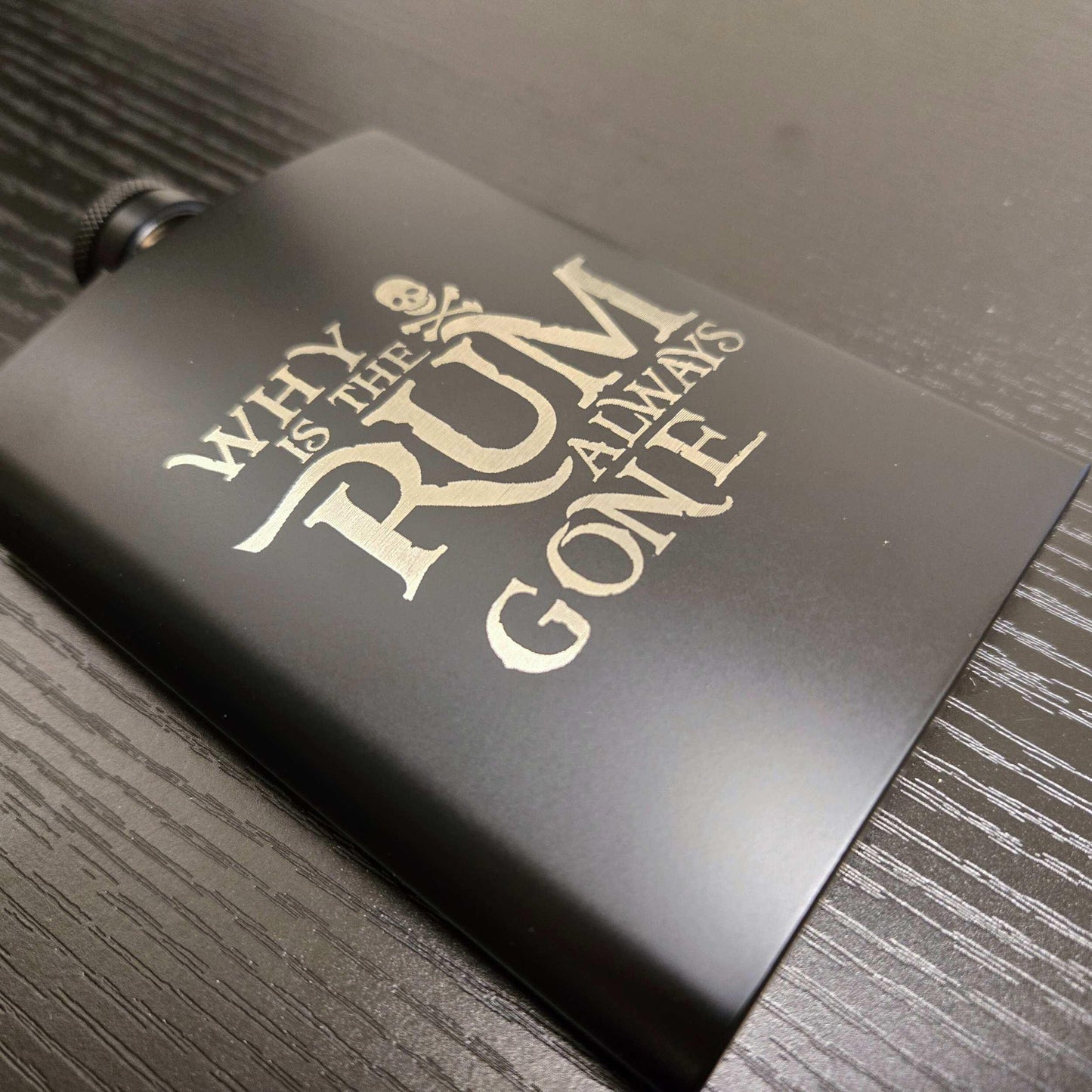 Engraved Pirate Themed Black Matte Stainless Flask, Rum Lover Gift for Him, Pirates of the Caribbean Jack Sparrow Why Is The Rum Always Gone