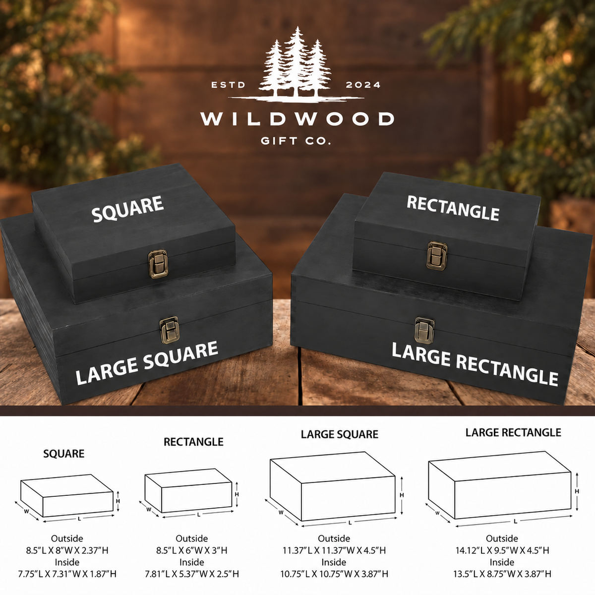Two black wooden storage boxes labeled SQUARE and RECTANGLE on a rustic wooden surface, with the Wildwood Gift Co. logo above and a size chart below showing dimensions for square and rectangular boxes.