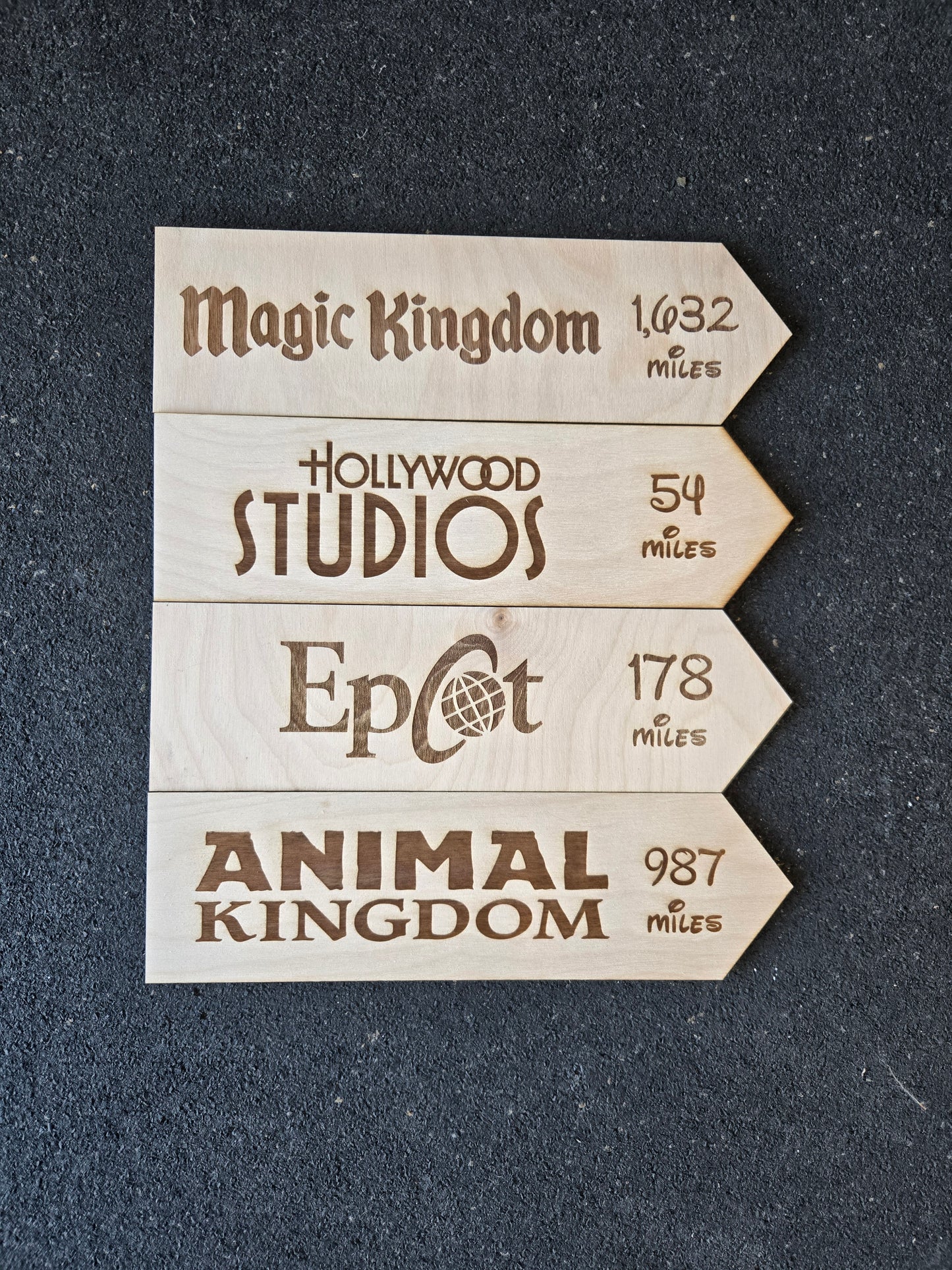 Miles to Disney World - Set of 4 Custom Wood Theme Park Directional Signs