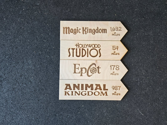 Miles to Disney World - Set of 4 Custom Wood Theme Park Directional Signs