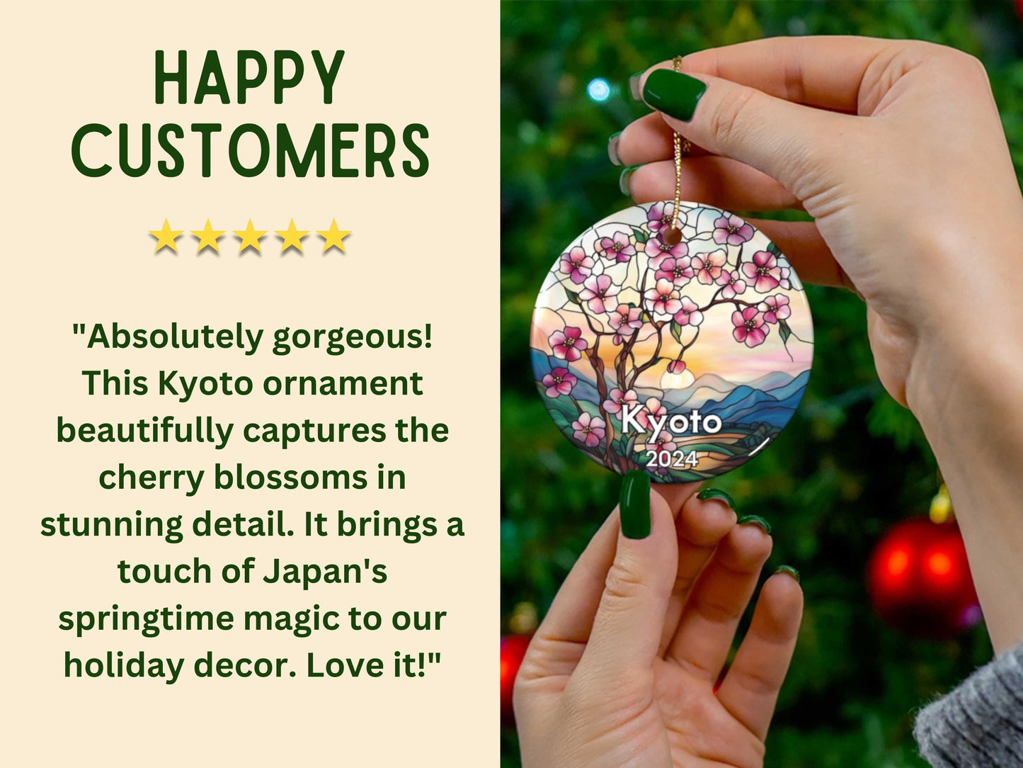 Kyoto Japan Cherry Blossom Faux Stained Glass Style Ornament