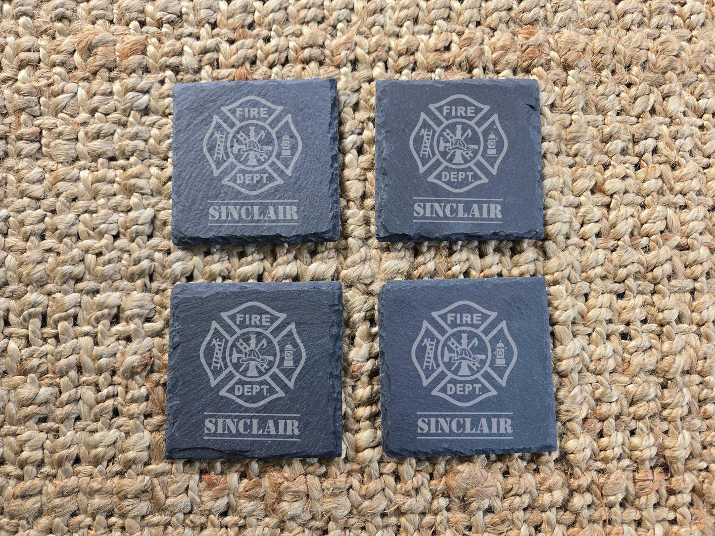 Personalized Firefighter Stone Coasters, Engraved Gift for Fireman or Firewoman