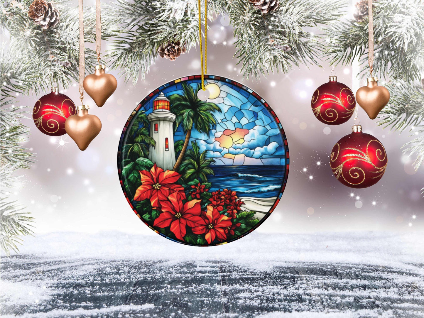 Lighthouse Faux Stained Glass Christmas Ornament