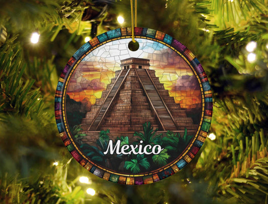 Mexico Aztec Pyramid Stained Glass Style Ornament