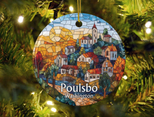 Poulsbo Washington Stained Glass Style Christmas Ornament
