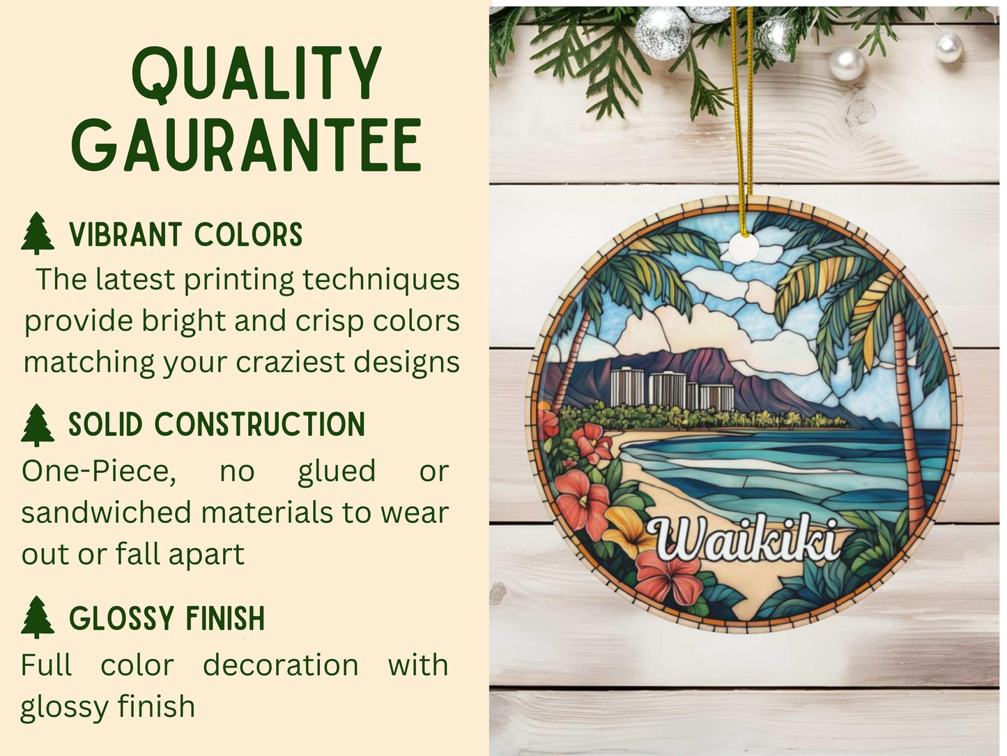 Waikiki Beach Hawaii Illustrated Stained Glass Ornament