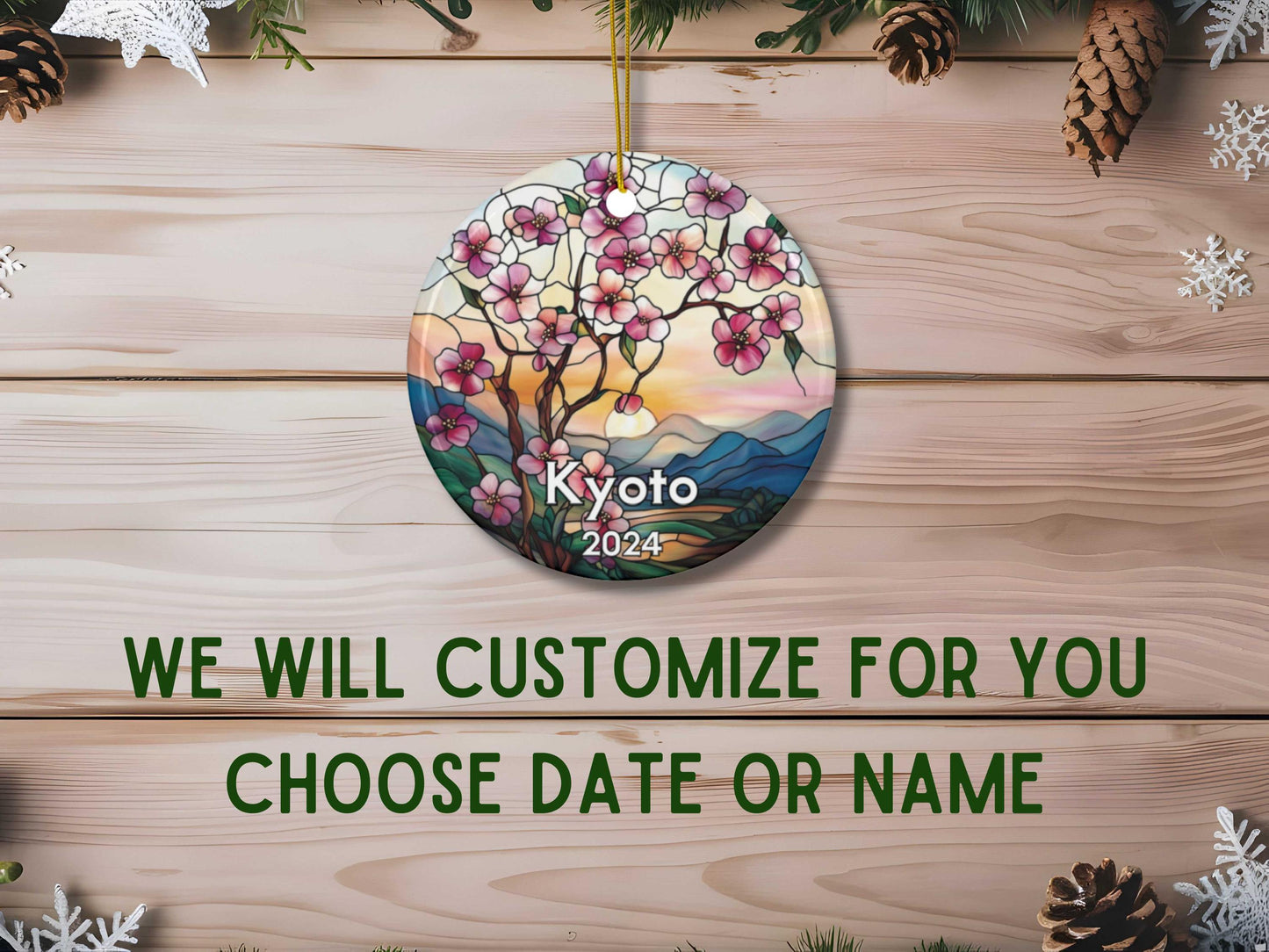 Kyoto Japan Cherry Blossom Faux Stained Glass Style Ornament