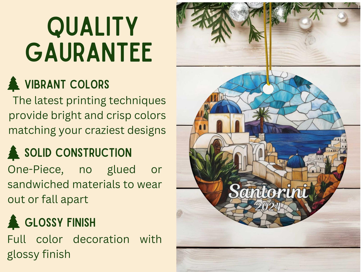 Santorini Greece Faux Stained Glass Style Ornament