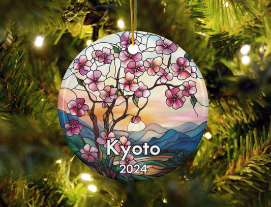 Kyoto Japan Cherry Blossom Faux Stained Glass Style Ornament
