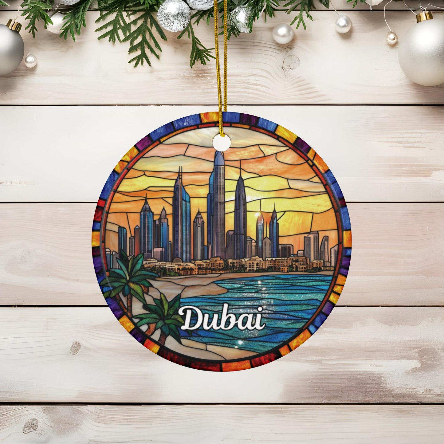 Dubai Skyline Stained Glass Style Ornament