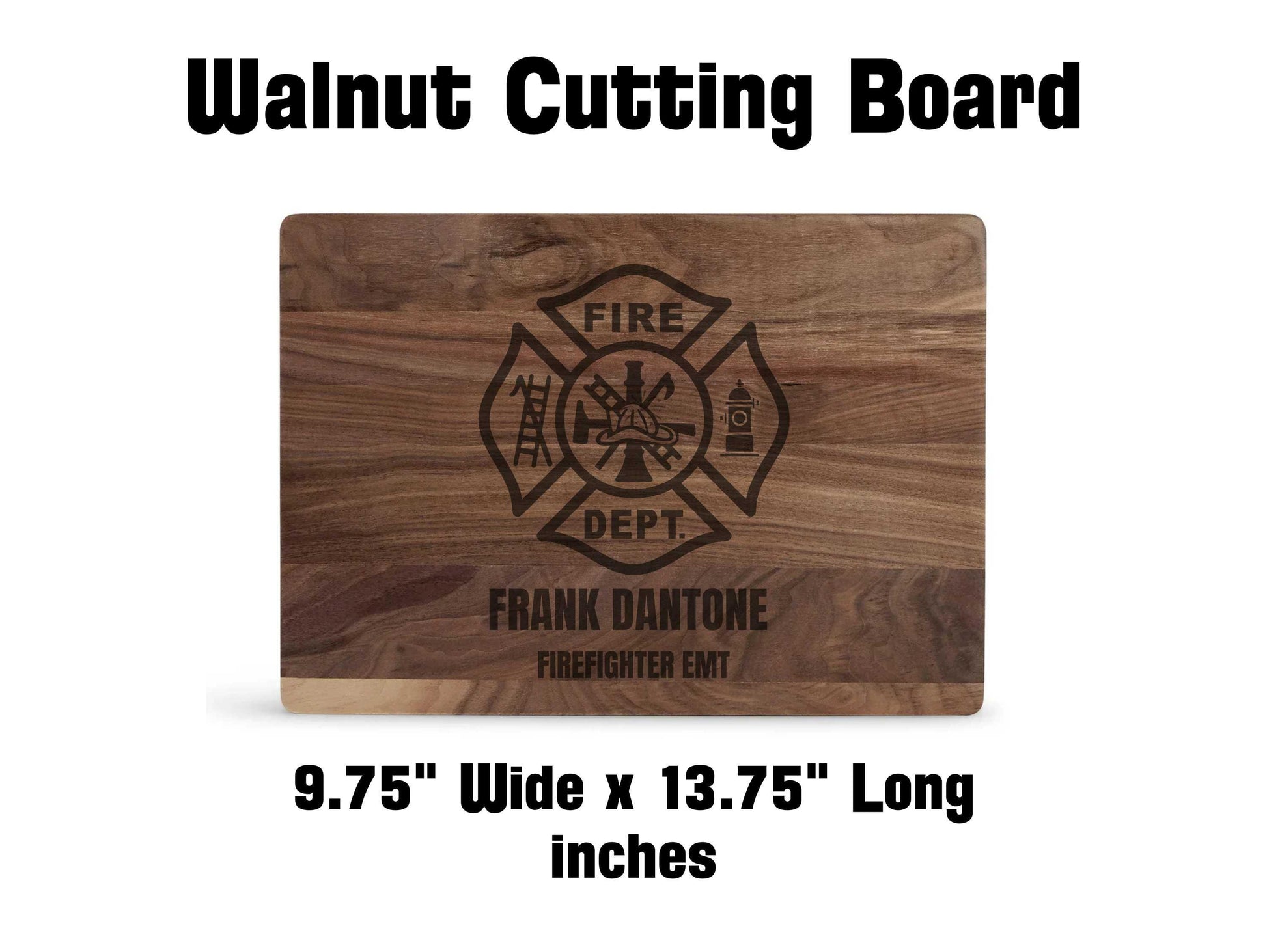 Wooden cutting board with engraved firefighter design and text on a white background